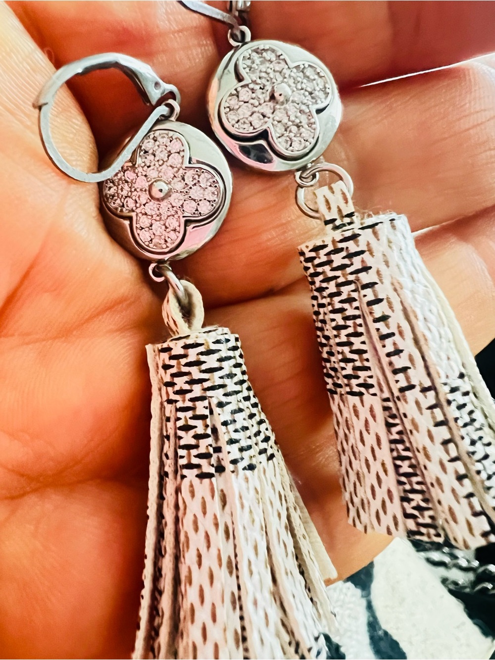 Silver-Tone White Tassel Drop Earrings with Crystal Accents unbranded
